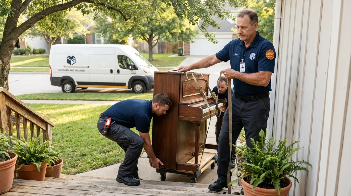 Licensed piano movers securing grand piano in Bethesda, OH