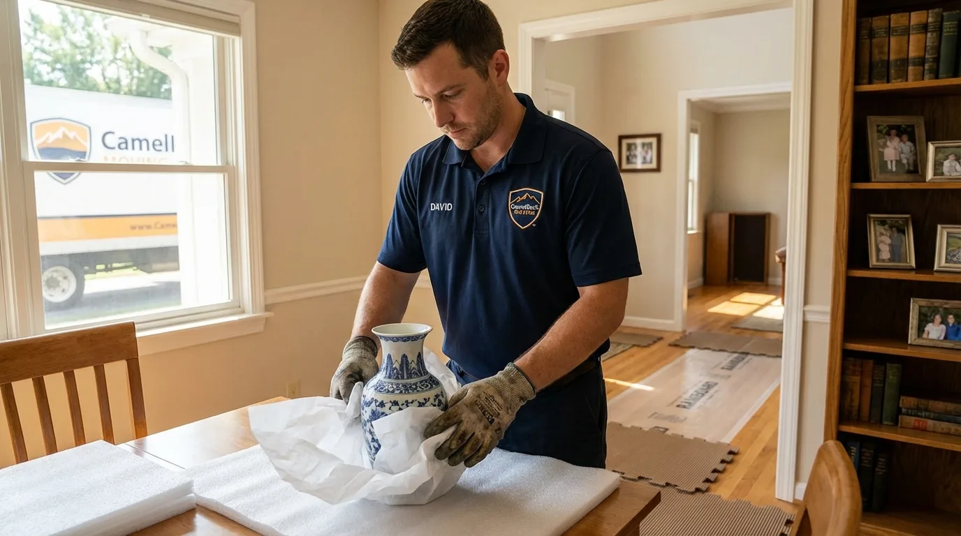 Professional crew carefully wrapping antique vase for senior downsizing move in Bethesda, OH